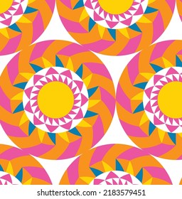 Abstract Hand Drawing Retro Geometric Wheels Optical Illusion Seamless Vector Pattern Isolated Background
