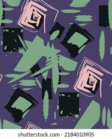 Abstract Hand Drawing Retro Geometric Brush Strokes Splashes Stains Seamless Vector Pattern Isolated Background