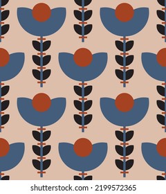 Abstracto Dibujo Mano Retro Flores Geométricas de mosaico y deja un patrón vectorial sin soldadura Fondo aislado