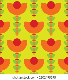 Abstract Hand Drawing Retro Geometric Tile Flowers and Leaves Seamless Vector Pattern Isolated Background
