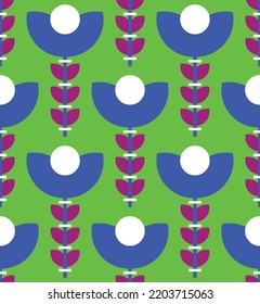 Abstract Hand Drawing Retro Geometric Tile Flowers and Leaves Seamless Vector Pattern Isolated Background