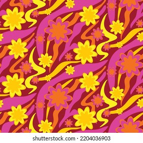 Abstract Hand Drawing Retro Geometric Wavy Zebra Tiger Tiger Stripes with Flowers Seamless Vector Pattern Isolated Background 