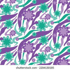 Abstract Hand Drawing Retro Geometric Wavy Zebra Tiger Tiger Stripes with Flowers Seamless Vector Pattern Isolated Background 