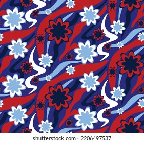 Abstract Hand Drawing Retro Geometric Wavy Zebra Tiger Stripes with Flowers Seamless Vector Pattern Isolated Background 