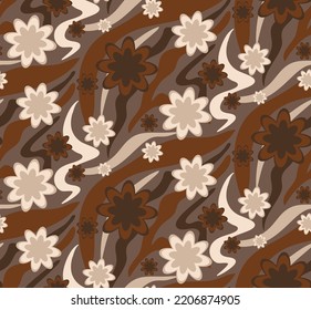 Abstract Hand Drawing Retro Geometric Wavy Zebra Tiger Tiger Stripes with Flowers Seamless Vector Pattern Isolated Background 