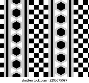 Abstract Hand Drawing Retro Geometric Chess Board Checkered Squares Lines Stripes Hexagons Seamless Vector Pattern Isolated Background