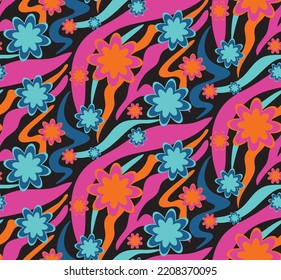 Abstract Hand Drawing Retro Geometric Wavy Zebra Tiger Tiger Stripes with Flowers Seamless Vector Pattern Isolated Background 