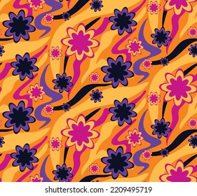 Abstract Hand Drawing Retro Geometric Wavy Zebra Tiger Tiger Stripes with Flowers Seamless Vector Pattern Isolated Background 