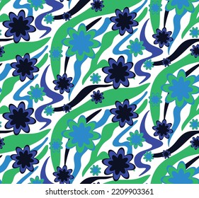 Abstract Hand Drawing Retro Geometric Wavy Zebra Tiger Tiger Stripes with Flowers Seamless Vector Pattern Isolated Background 