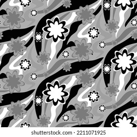 Abstract Hand Drawing Retro Geometric Wavy Zebra Tiger Tiger Stripes with Flowers Seamless Vector Pattern Isolated Background 