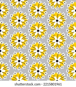 Abstract Hand Drawing Retro Geometric Daisy Flowers Seamless Vector Pattern Isolated Background