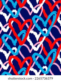 Abstract Hand Drawing Retro Geometric Chain Overlay Hearts Seamless Vector Pattern Isolated Background 