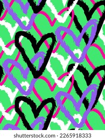 Abstract Hand Drawing Retro Geometric Chain Overlay Hearts Seamless Vector Pattern Isolated Background 