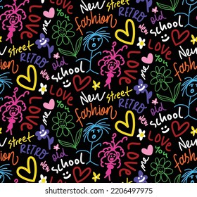 Abstract Hand Drawing Retro Graffiti Concept Wall Art Writing Shapes Slogans Flowers Hearts Stickman Doodle Seamless Vector Pattern Isolated Background