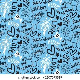 Abstract Hand Drawing Retro Graffiti Concept Wall Art Writing Shapes Slogans Flowers Hearts Stickman Doodle Seamless Vector Pattern Isolated Background