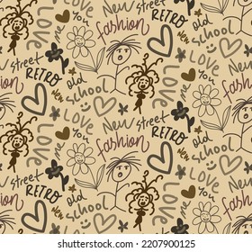 Abstract Hand Drawing Retro Graffiti Concept Wall Art Writing Shapes Slogans Flowers Hearts Stickman Doodle Seamless Vector Pattern Isolated Background