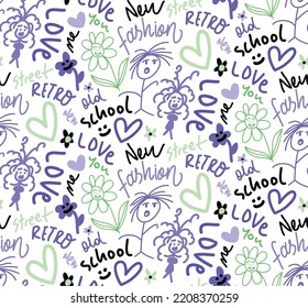 Abstract Hand Drawing Retro Graffiti Concept Wall Art Writing Shapes Slogans Flowers Hearts Stickman Doodle Seamless Vector Pattern Isolated Background