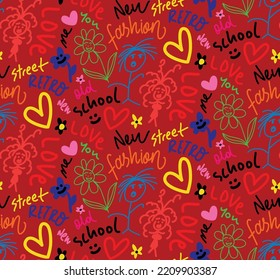 Abstract Hand Drawing Retro Graffiti Concept Wall Art Writing Shapes Slogans Flowers Hearts Stickman Doodle Seamless Vector Pattern Isolated Background
