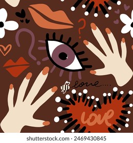 Abstract Hand Drawing Retro Graffiti Cartoon Eyes Hearts Flowers Hands Lips and Question Marks Seamless Vector Pattern Isolated Background