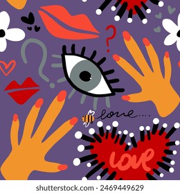 Abstract Hand Drawing Retro Graffiti Cartoon Eyes Hearts Flowers Hands Lips and Question Marks Seamless Vector Pattern Isolated Background
