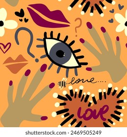 Abstract Hand Drawing Retro Graffiti Cartoon Eyes Hearts Flowers Hands Lips and Question Marks Seamless Vector Pattern Isolated Background