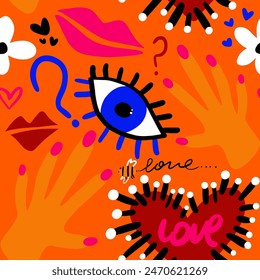 Abstract Hand Drawing Retro Graffiti Cartoon Eyes Hearts Flowers Hands Lips and Question Marks Seamless Vector Pattern Isolated Background