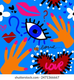 Abstract Hand Drawing Retro Graffiti Cartoon Eyes Hearts Flowers Hands Lips and Question Marks Seamless Vector Pattern Isolated Background