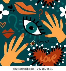 Abstract Hand Drawing Retro Graffiti Cartoon Eyes Hearts Flowers Hands Lips and Question Marks Seamless Vector Pattern Isolated Background