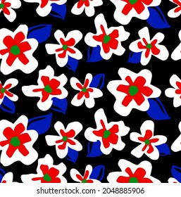 Abstract Hand Drawing Retro Large Flowers and Leaves Seamless Vector Pattern Isolated Black Background