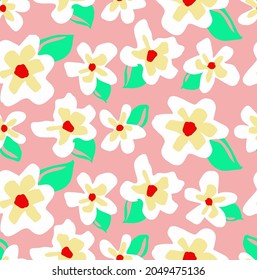 Dibujo manual abstracto Flores grandes retro y hojas patrón vectorial sin soldadura fondo rosado aislado