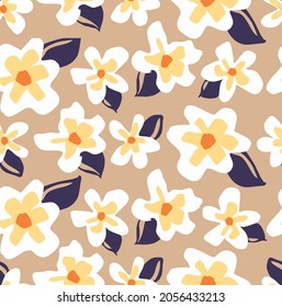 Abstract Hand Drawing Retro Large Flowers and Leaves Seamless Vector Pattern Isolated Beige Background