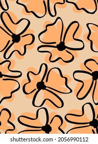 Abstract Hand Drawing Retro Large Poppy Flowers Seamless Vector Pattern Isolated Background