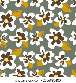 Abstract Hand Drawing Retro Large Flowers and Leaves Seamless Vector Pattern Isolated Khaki Background