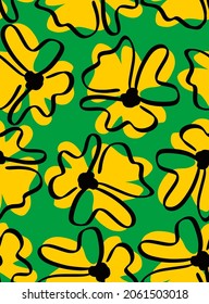 Abstract Hand Drawing Retro Large Poppy Flowers Seamless Vector Pattern Isolated Background