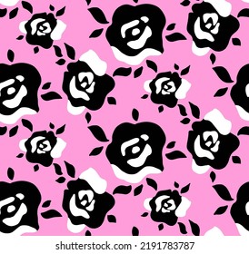 Abstract Hand Drawing Retro Large Roses and Leaves Seamless Vector Pattern Isolated Background