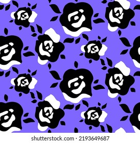 Abstract Hand Drawing Retro Large Roses and Leaves Seamless Vector Pattern Isolated Background