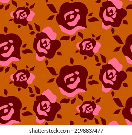 Abstract Hand Drawing Retro Large Roses and Leaves Seamless Vector Pattern Isolated Background