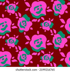 Abstract Hand Drawing Retro Large Roses and Leaves Seamless Vector Pattern Isolated Background