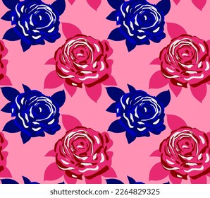 Abstract Hand Drawing Retro Large Roses and Leaves Seamless Tile Vector Pattern Isolated Background
