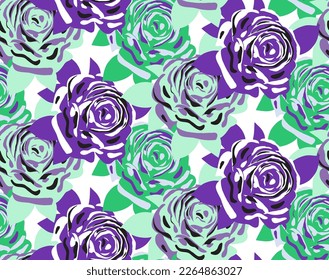Abstraktes Handziehen Retro große Rosen und Blätter Nahtloses Vektormuster einzeln auf Hintergrund
