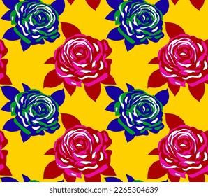 Abstract Hand Drawing Retro Large Roses and Leaves Seamless Tile Vector Pattern Isolated Background