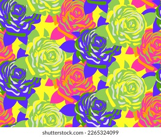 Abstract Hand Drawing Retro Large Roses and Leaves Seamless Vector Pattern Isolated Background