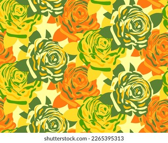 Abstract Hand Drawing Retro Large Roses and Leaves Seamless Vector Pattern Isolated Background