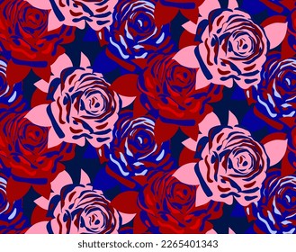 Abstract Hand Drawing Retro Large Roses and Leaves Seamless Vector Pattern Isolated Background