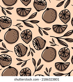 Abstract Hand Drawing Retro Lemons Slices and  Leaves Seamless Vector Pattern Isolated Background