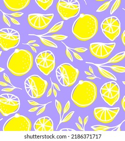 Abstract Hand Drawing Retro Lemons Slices and  Leaves Seamless Vector Pattern Isolated Background