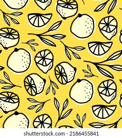 Abstract Hand Drawing Retro Lemons Slices and  Leaves Seamless Vector Pattern Isolated Background