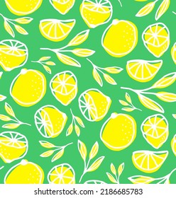 Resumen Dibujo a mano Retro Lemons Slices y deja un patrón vectorial sin soldadura fondo aislado
