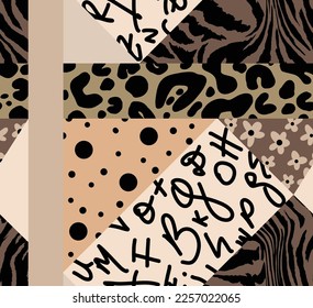 Abstract Hand Drawing Retro Leopard Zebra Animal Skin Shapes Dots Letters Flowers Seamless Geometric Patchwork Vector Pattern Isolated Background