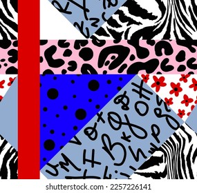 Abstract Hand Drawing Retro Leopard Zebra Animal Skin Shapes Dots Letters Flowers Seamless Geometric Patchwork Vector Pattern Isolated Background
